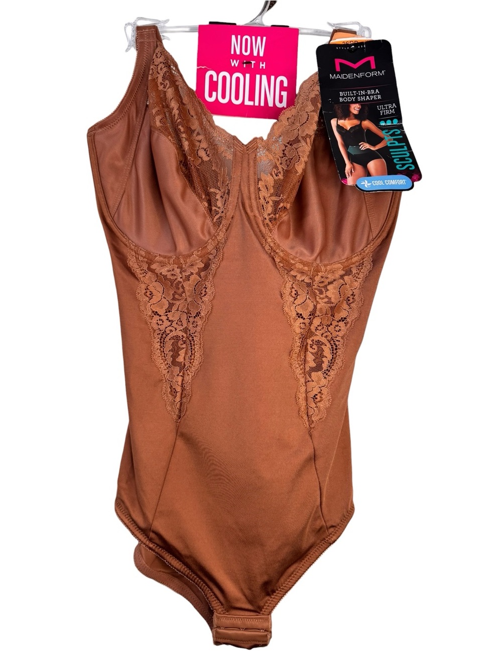 Maidenform 36DD NWT Body Shaper 1456 Ultra Firm Control Built In Bra Brown Lace